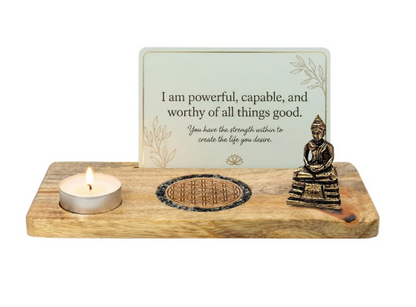 Kaarthouder Flower of life toermalijn en pyriet mangohout