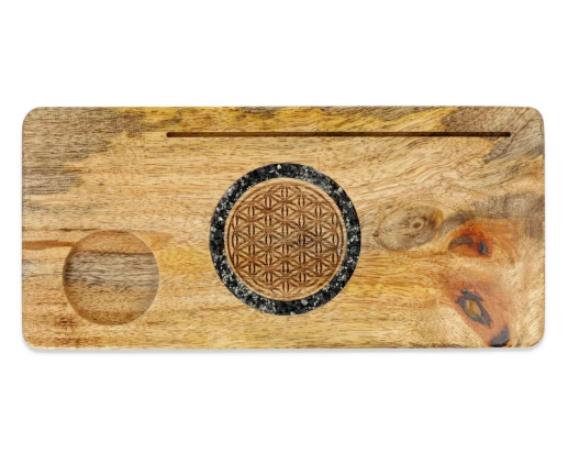 Kaarthouder Flower of life toermalijn en pyriet mangohout